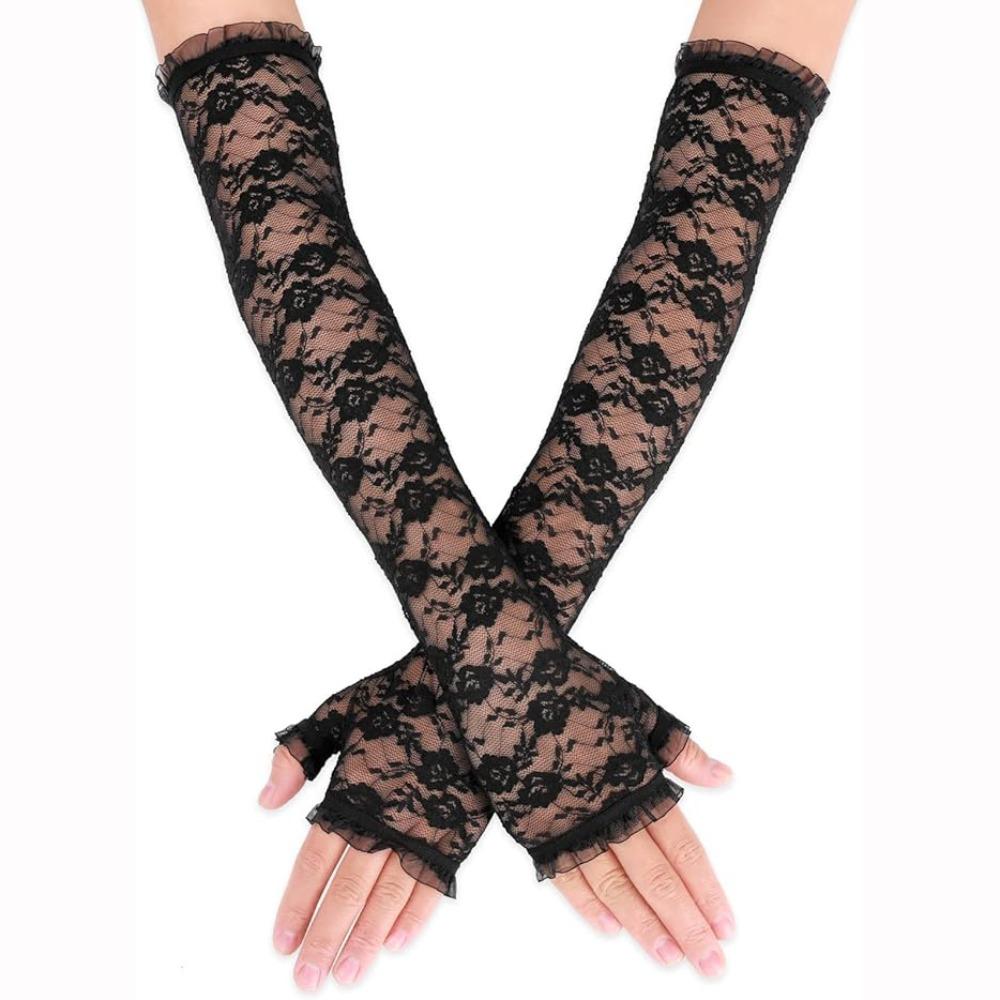 Long Lace Gloves Thin Gothic Gloves Fashion Accessory Oversleeve Gloves чёрный
