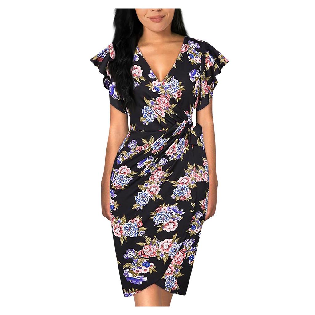 Women's Floral Print Dress Sexy V Neck Ruffle Sleeves Faux Wrap Ruched Bodycon Dress