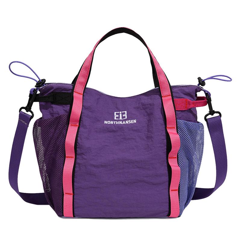 Lightweight Nylon Colorblock Tote Bag with Side Mesh Pockets Crossbody Casual Shoulder Purse for Daily