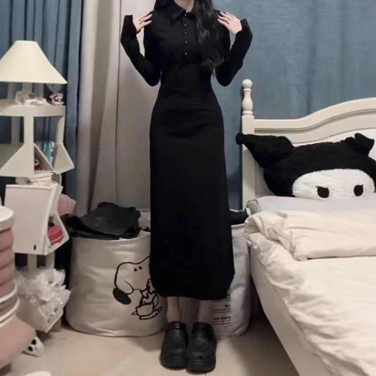 New temperament long-sleeved dress, black is popular today, autumn and winter shirt skirt, medium and long dress.