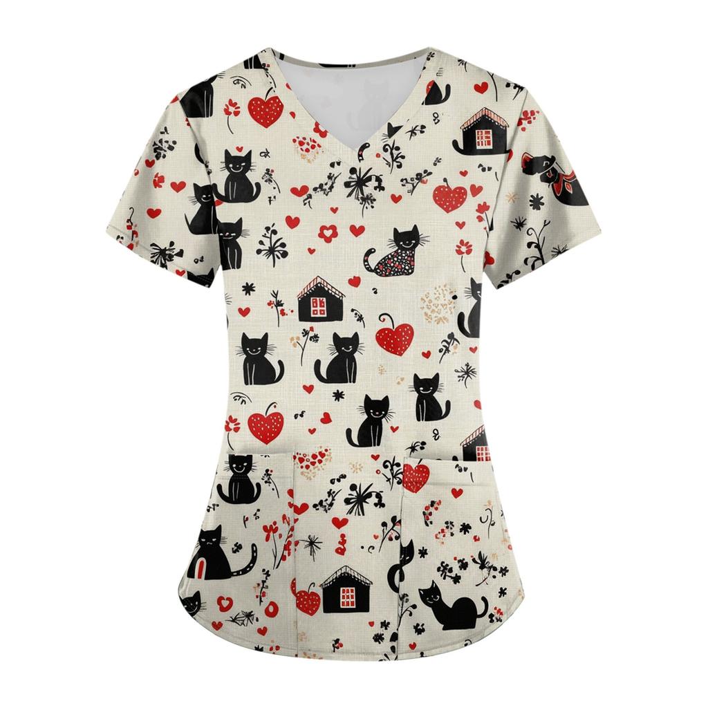 Bedruckte Oberteile für die Arbeitsuniform in Übergröße für Damen, V-Ausschnitt, Halloween-Aufdruck, kurzärmliges Fun-T-Shirt, Workwear-T-Shirt mit Taschen