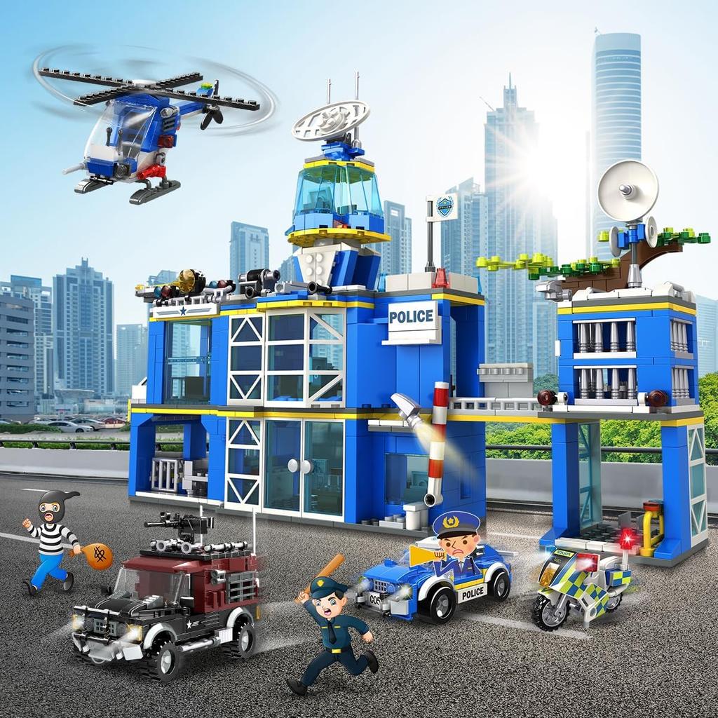 HOGOKIDS City Police Station Building Set - 1260 PCS Police Building Block Toys with Helicopter Motorcycle Police Vehicle Bandit Car, STEM Police