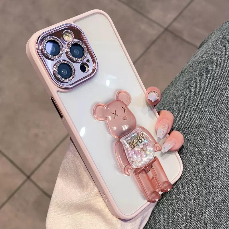 

Подходит для чехла для мобильного телефона Apple 15 ProMax с защитной пленкой для объектива 14 Жестокий медведь подставка Iphone13 Противоударный защитный чехол iphone11promax розовый