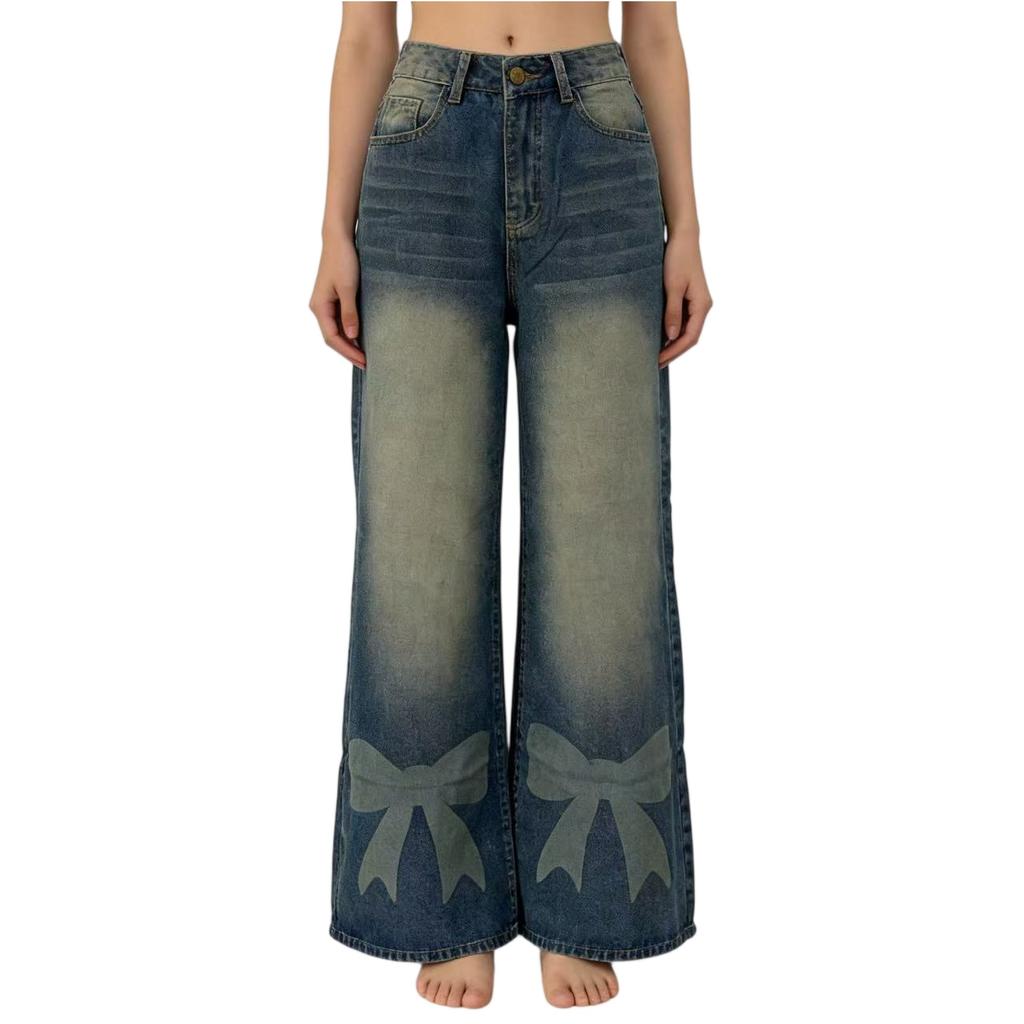 Damen Mid-Stretch Jeans Mode Straight Leg Denimhosen mit Taschen