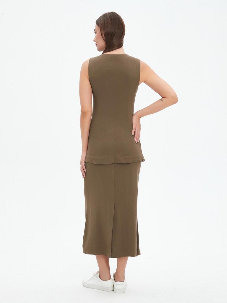Capable Solid Color Linen Blend Micro-Elastic Vest & Long Dress Two-Piece Set - Summer/Autumn for Work or Casual Wear