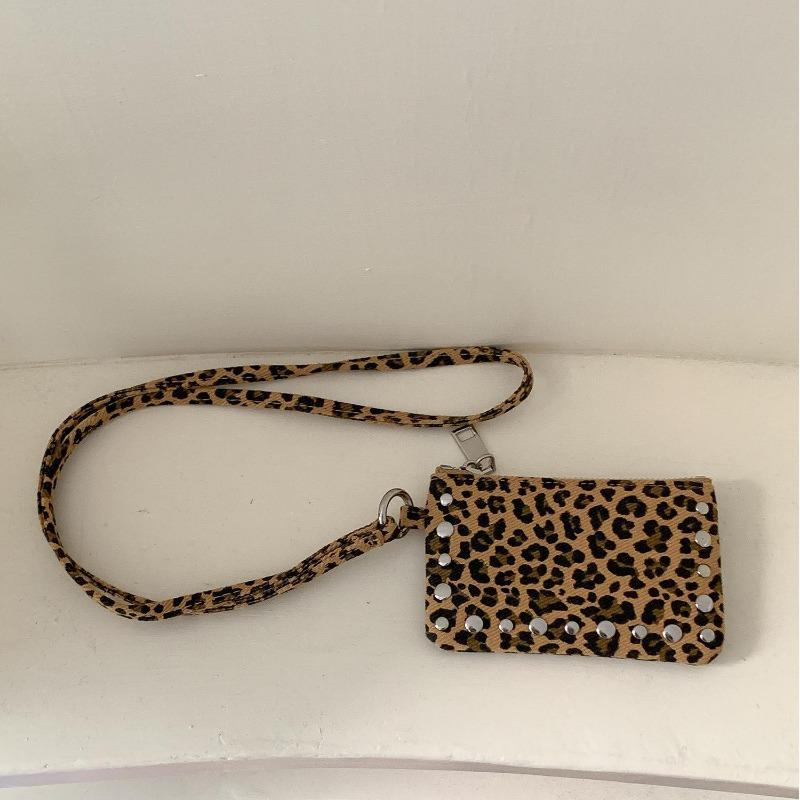 Neck-hanging mini square bag, rivet waist, canvas, leopard print bag, autumn and winter suede lipstick, change bag, women