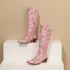 Cowgirl Westernstiefel Damen Stickerei Cowboy Stiefel für weite Wade 2024 Klobige Mittelhohe Absätze Schuhe 4 Jahreszeiten Reißverschluss PU Schuhe