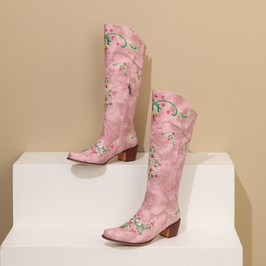Cowgirl Westernstiefel Damen Stickerei Cowboy Stiefel für weite Wade 2024 Klobige Mittelhohe Absätze Schuhe 4 Jahreszeiten Reißverschluss PU Schuhe