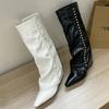 Fashion Fashion Pointed Toe Wedges Knee-High Boot Winter Fashion White Pearl Decoration Long Leg Boots for Woman Shoes Women Boots