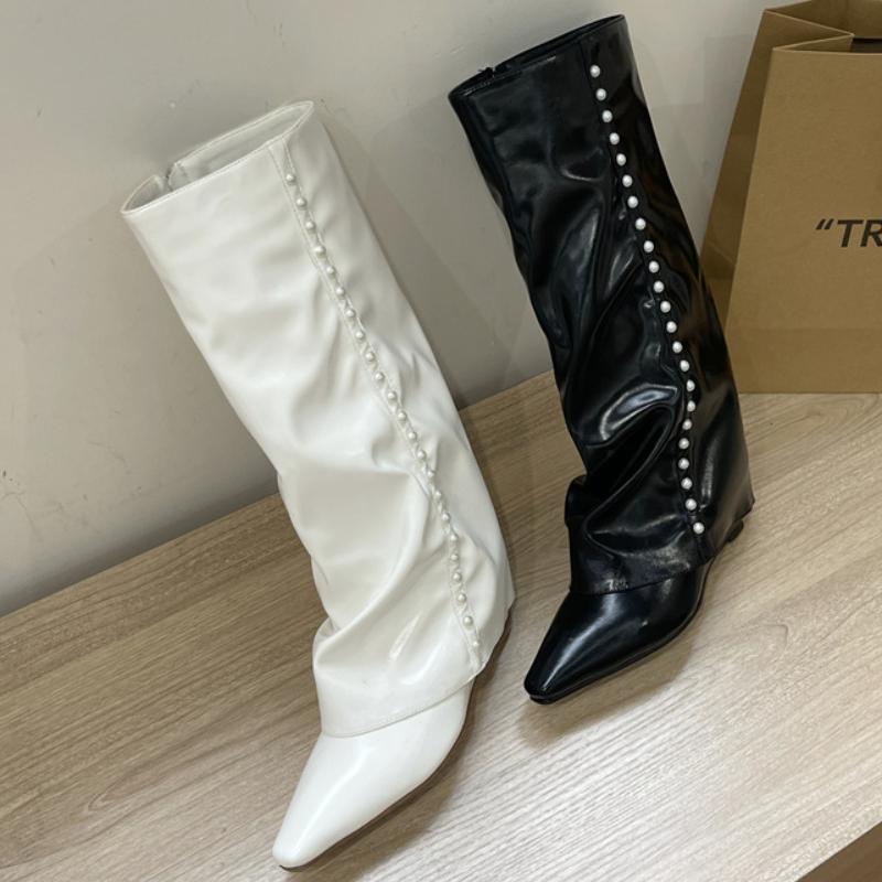 Fashion Fashion Pointed Toe Wedges Knee-High Boot Winter Fashion White Pearl Decoration Long Leg Boots for Woman Shoes Women Boots