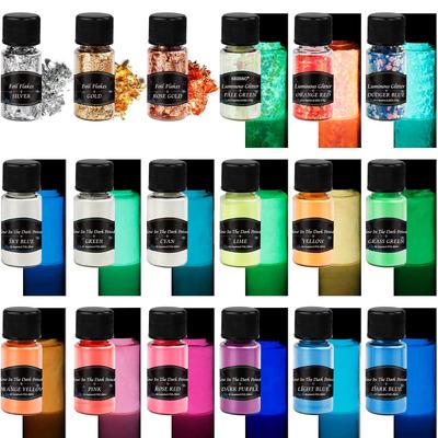 Biutee Luminous Powder Luminous Paint Powder 20g 18 Sets 12 Colors Luminous Powder 3 Colors Gold Foil 3 Colors Luminous Sequins Color Paint High