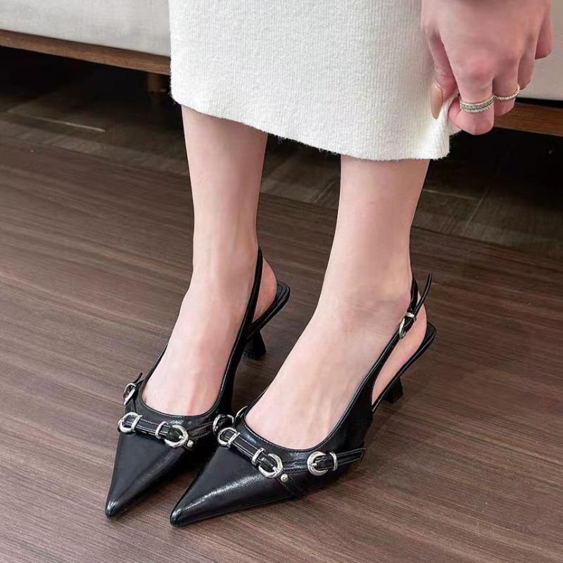 Fashion Spring New Baotou Sandals for Women Fashion Pointed Shallow Mouth Metal Buckle A Line with Non-slip Low Heel Shoes