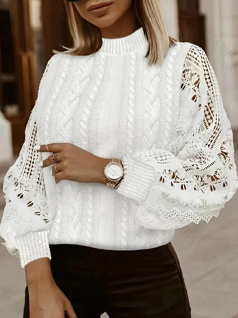 Women'S Elegant Sweater with Lace Detail - Mandarin Collar, Geometric Pattern, Fall/Winter StyleSweater Top