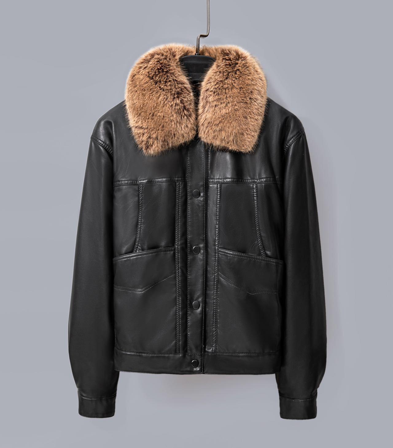 

Женская ретро кожаная куртка с отложным воротником - Стильная, теплая, на флисовой подкладке зимняя куртка L [below 50 kg] чёрный