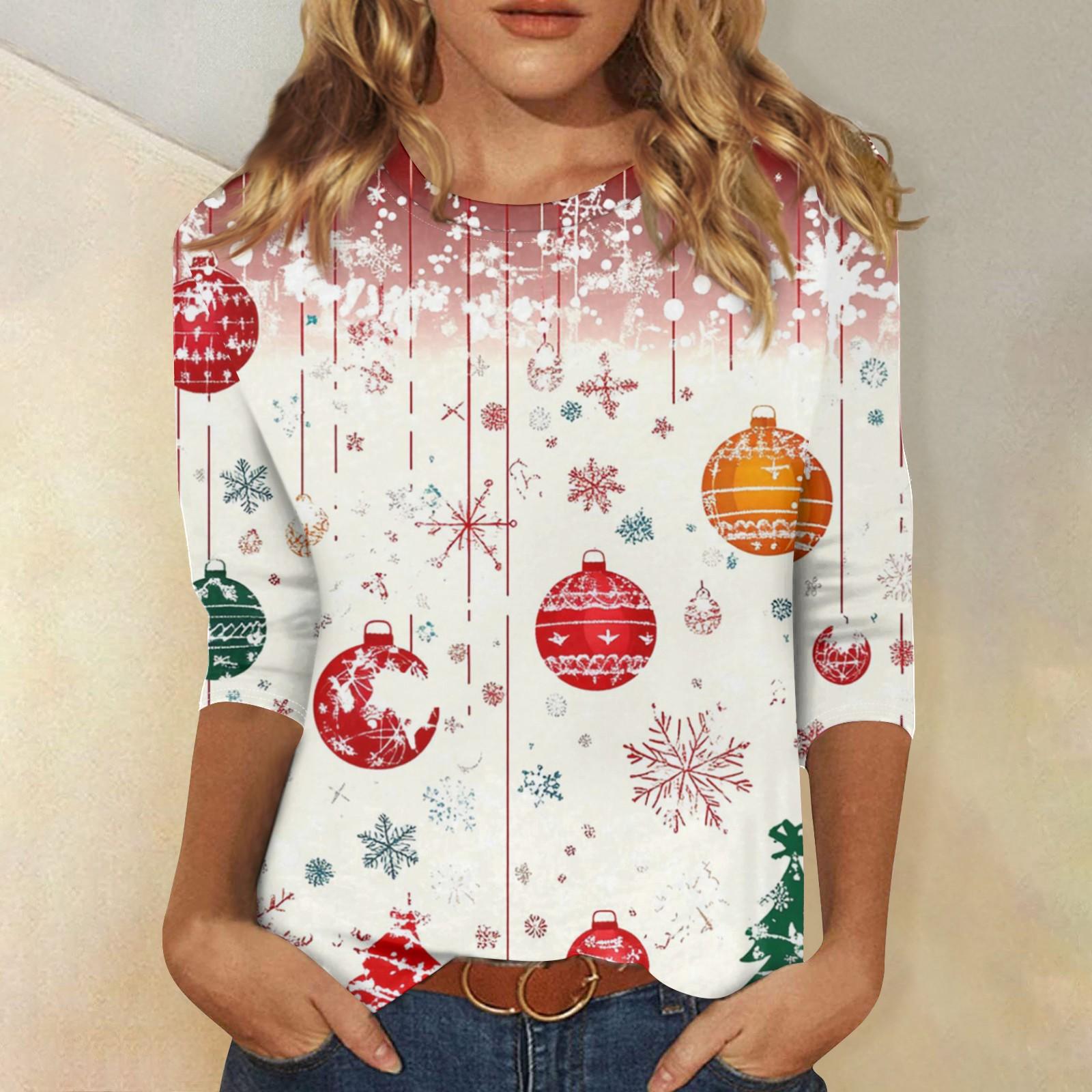 

Женская модная повседневная футболка с круглым вырезом и рождественским принтом, семь рукавов M бежевый