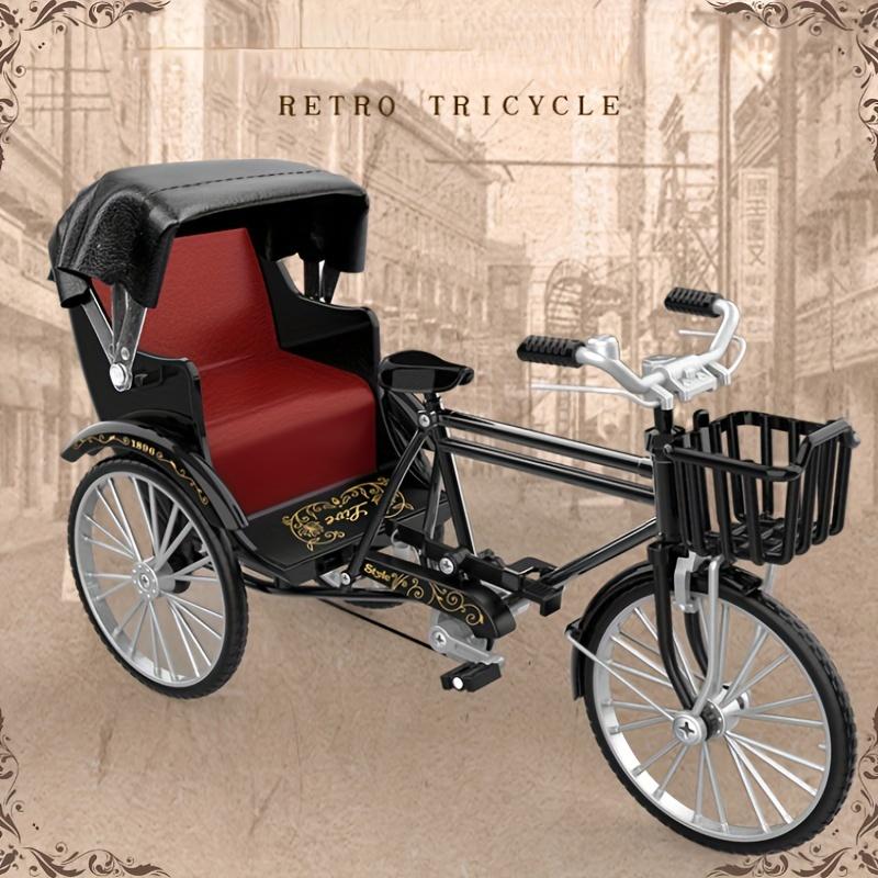 1PCAlloy 1:10 DIY retro tricycle model, old-fashioned nostalgic tricycle ornaments, load and unload black tricycle model