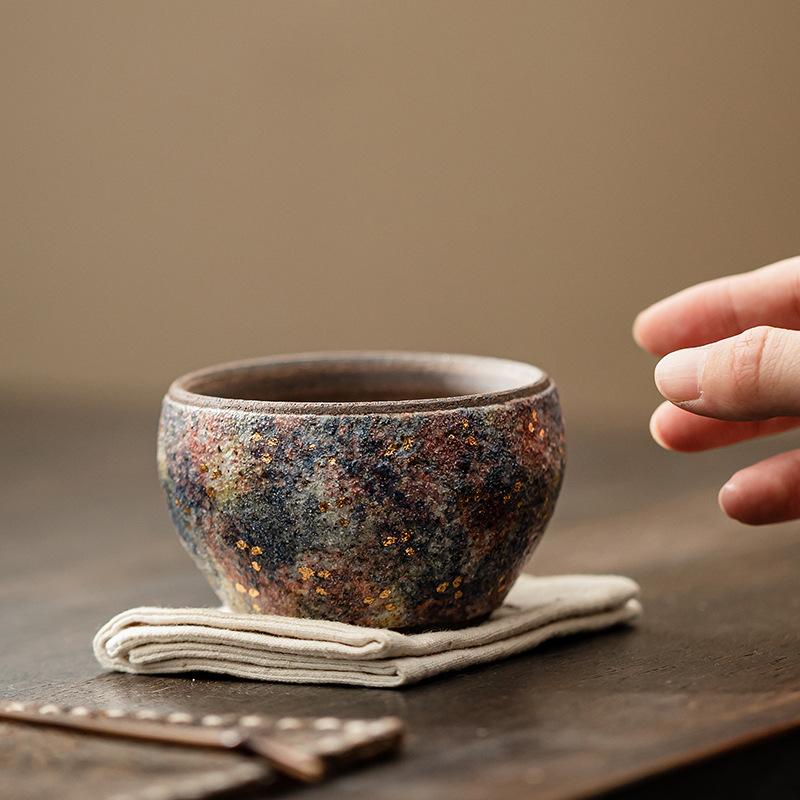 100ML Ancient Long Kiln Rock Mine Ceramic Park Cup Handmade Gold Pointing Meditation Teacup Tasting Master Tea Bowl Mug Gift Box