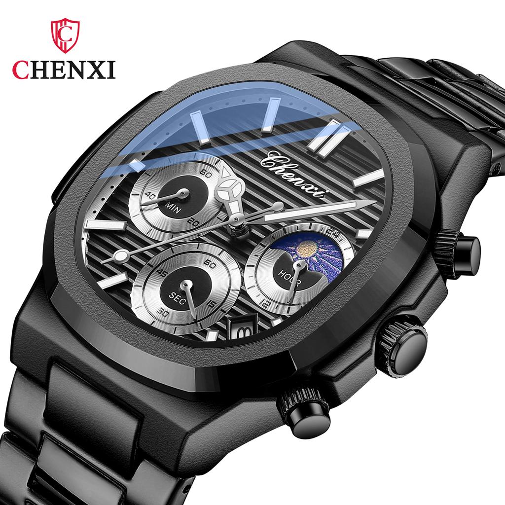 Luxury Watch Men Business Fashion Waterproof Stainless Steel Chronograph Moon Phase Quartz Wristwatch Male Clock