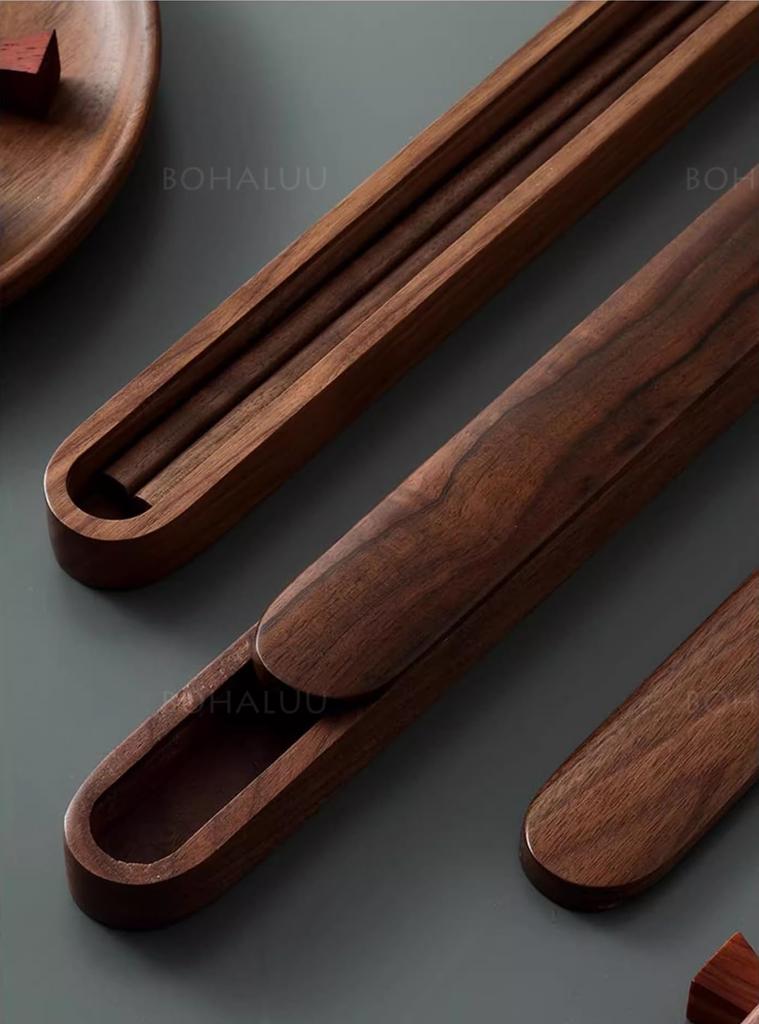 BOHALUU Chopstick Case Natural Walnut Chopstick Japanese with Walnut Wooden Portable Chopstick Case Portable Cutlery Set, Wood, Chopsticks, Holder,