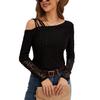 Autumn Asymmetric Crossed Shoulderless Design Lace Splicing T-Shirt Women's Long Sleeve Skinny Versatile Closet Essential Fashion Items Shirt