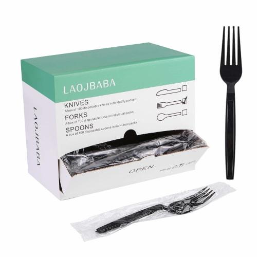 Laojbaba Disposable Plastic Forks, Individually Wrapped, Black, 7-inch, for Commercial Use, Takeout, Extra Hard, Heavy-Duty, Individually Wrapped, 100