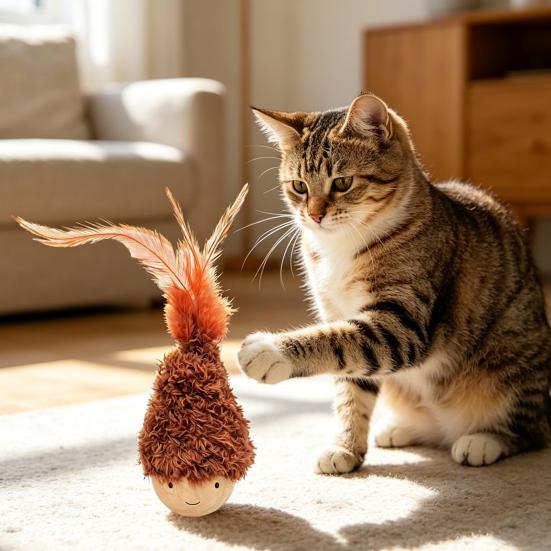 Wobbling Cat Toy Wooden Base Cat Teaser with Feathers Interactive Wobble Cat Kicker Toy for Cat Patting Solo Entertainment