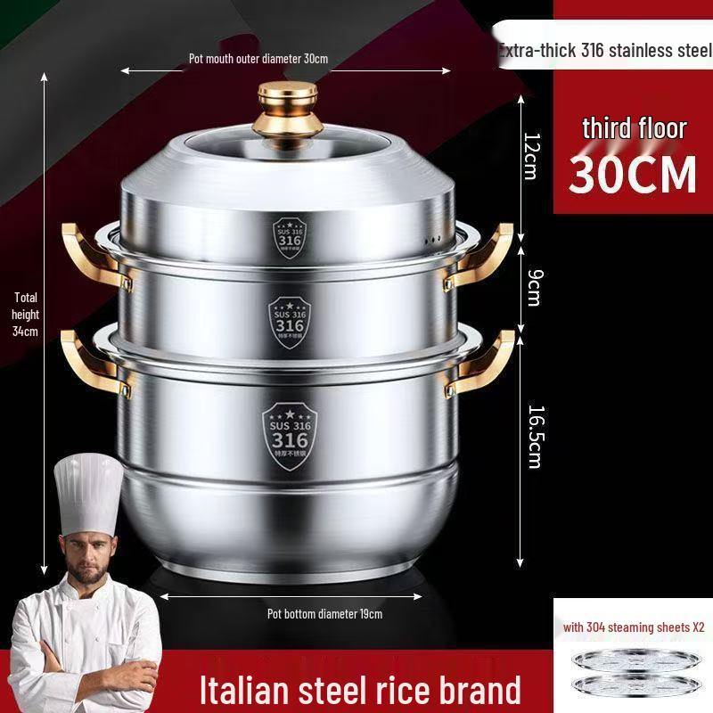 316 Stainless Steel Multi-Layer Steamer Pot: Food-Grade, Thickened Soup Pot for Induction Cookers