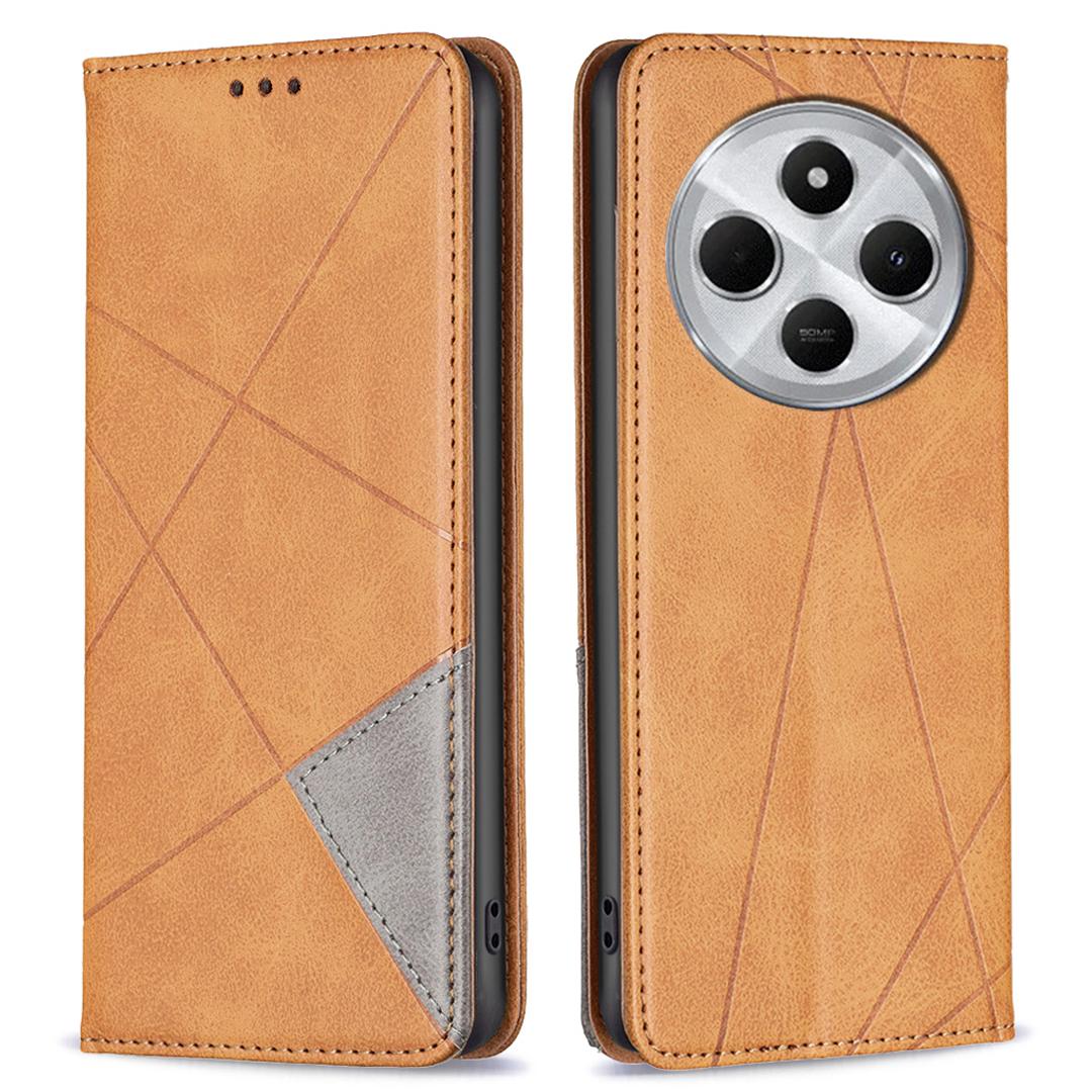 

For Xiaomi Poco C75 4G/Redmi 14R 5G/14C 4G Case Card Slots Geometry Imprint Leather Phone Cover Yellow