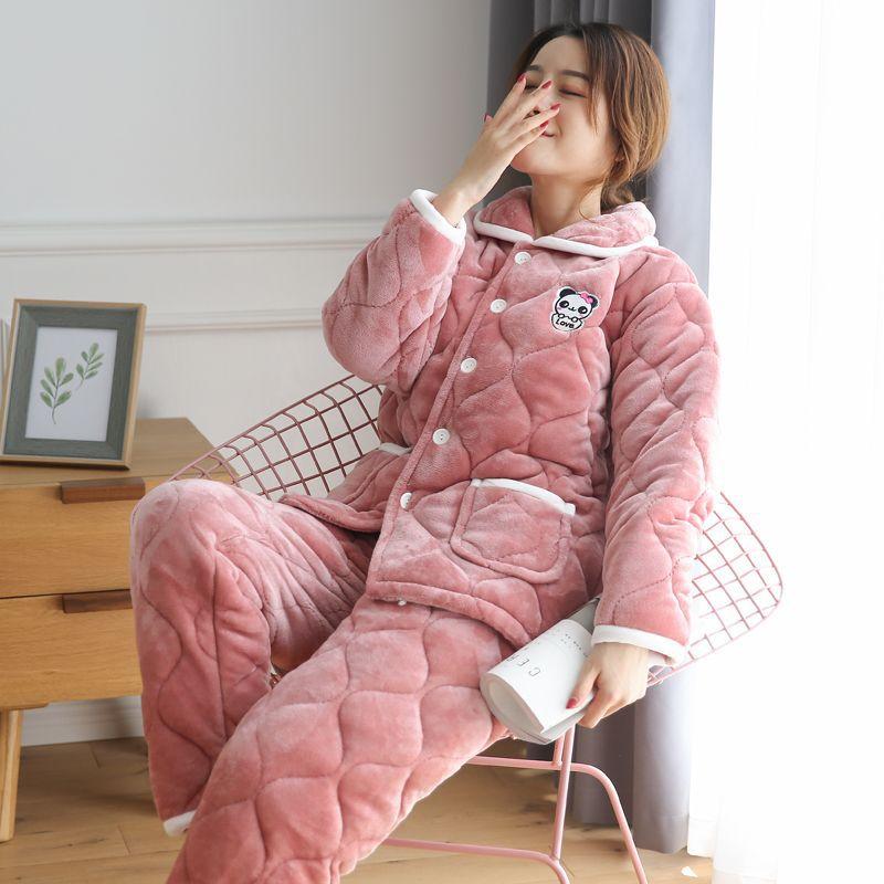 Pajamas women's three-layer thickened and cute winter can wear large-size warm padded loungewear