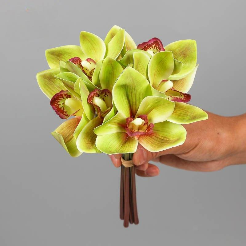Un Conjunto de 6 Piezas de Ramo Simulado Cymbidium Magnolia Flor de Mano para Sostener en la Mano Flor de Seda Cymbidium Decoración del Hogar Boda