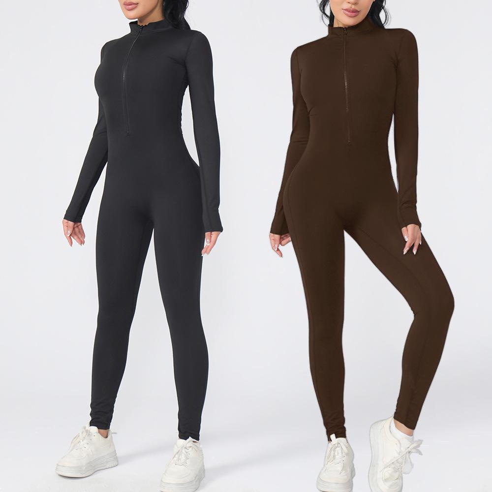 Women's European & American Zipper Jumpsuit Yoga Suit: Long Sleeve, Long Pants Bodysuit, Body-Shaping Fitness & Dancewear