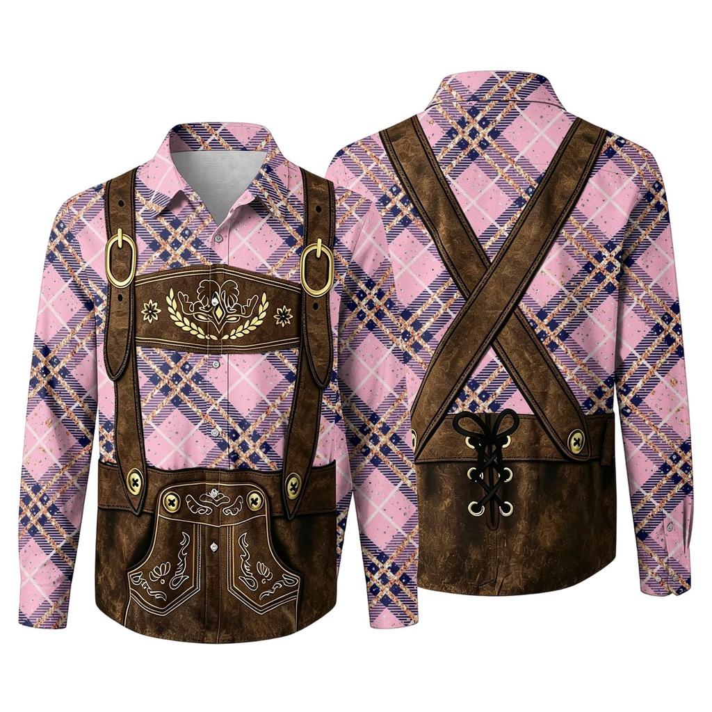 Men’s 3D Printed Plaid Long Sleeve Shirt with Vintage Pattern Relaxed Fit Button Down Collar for Festivals Parties and Outdoor Activities