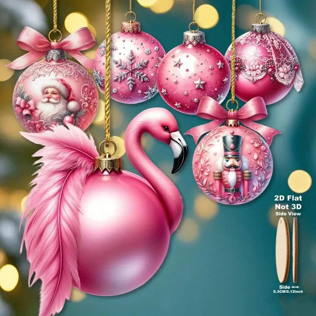 15PCS Wooden Pink Christmas Ball Pendants Santa Claus Elk Hangers Noel Merry Christmas Decor 2025 Happy New Year 2026