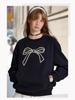 Women's 3D Beaded Bow Round Neck Sweatshirt - Loose Fit, Spring 2025 Collection