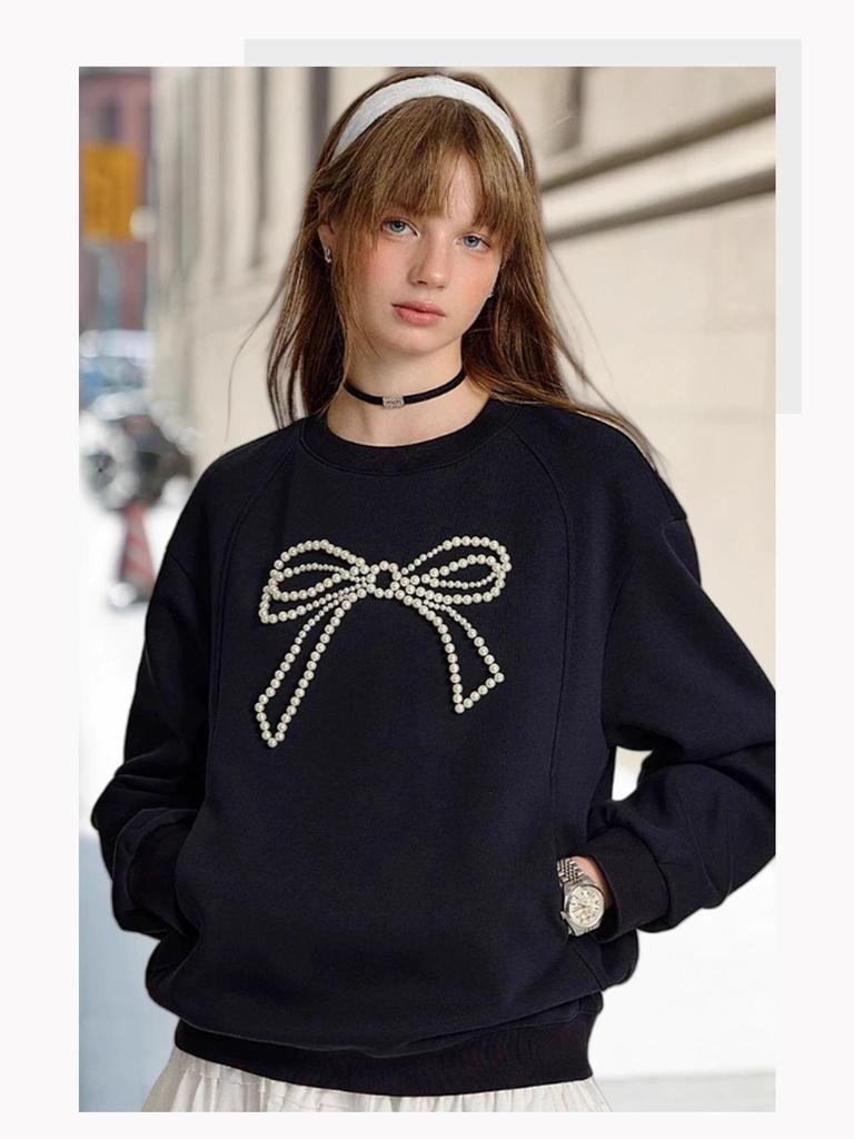 Women's 3D Beaded Bow Round Neck Sweatshirt - Loose Fit, Spring 2025 Collection