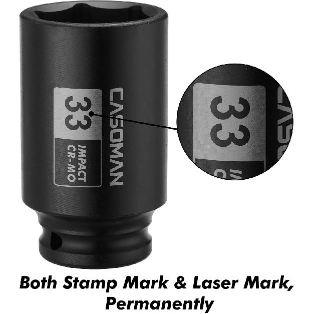 CASOMAN 1/2-Inch Drive X 33 Mm Deep 6-Point Impact Socket, CR-MO, 1/2" Dr. Axle Nut Socket For Easy Removal Of Axle Shaft Nuts (33MM)