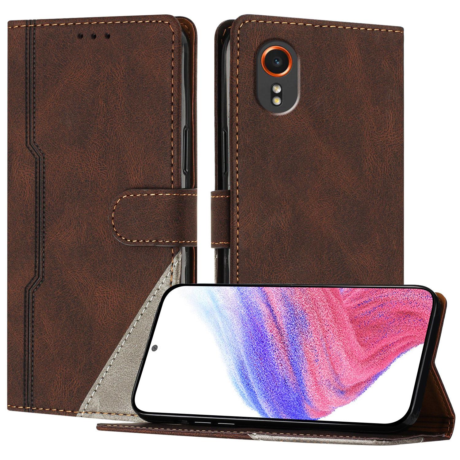 

For Samsung Galaxy Xcover7 Leather Case Triangle Patchwork Wallet Stand Shockproof Phone Cover Brown