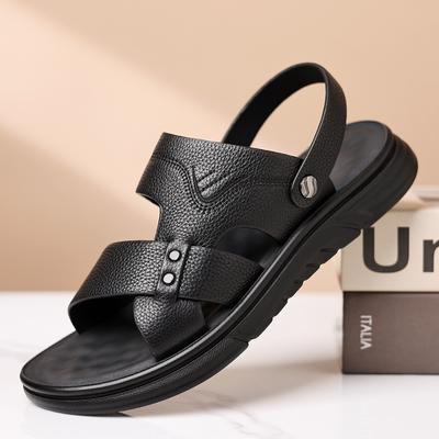 2025 New First-layer Cowhide Sandals Men's Breathable Leather Beach Shoes Casual Soft Sole Middle-aged and Elderly Dad Men's Shoes