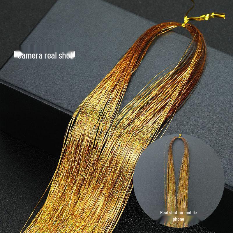 Gold Laser Tinsel Hair Extensions - Shiny Metal Wire, Colorful and Seamless.