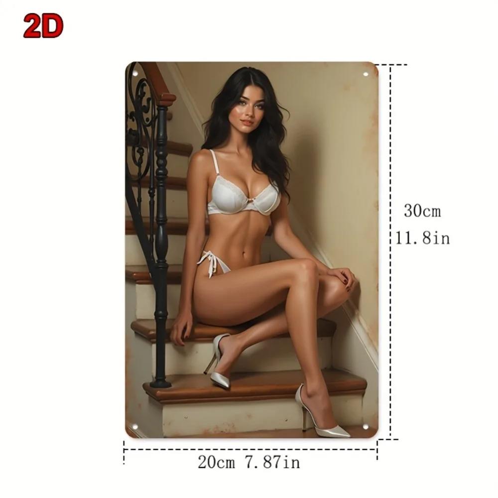 Vintage Metal Wall Art Sign "Sexy Woman On Stairs" 8x12 Inch Home Bar Decor