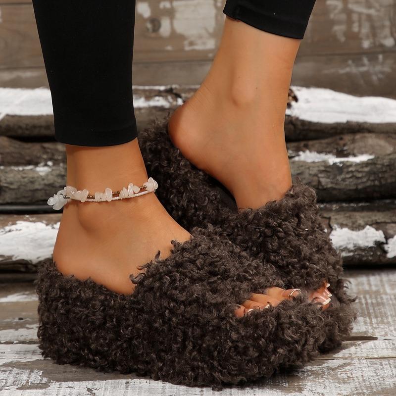 One-word Cotton Slippers Women's Thick-soled High-heeled Autumn and Winter New Large-size Fluffy Slippers Women's Outer Slippers