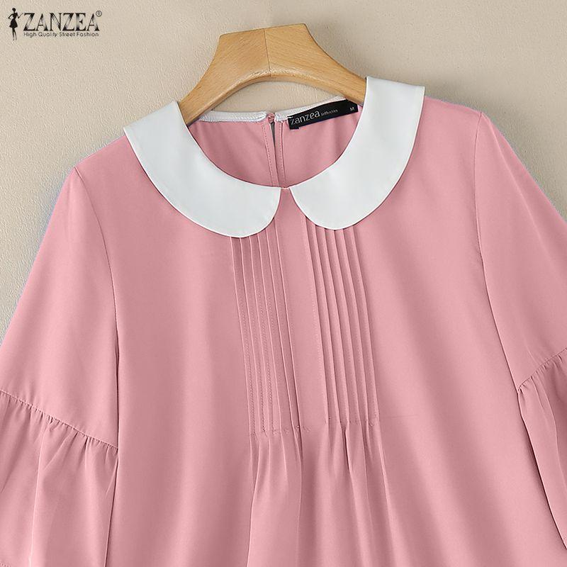 ZANZEA Womens Doll Collar Loose Casual 3/4 Sleeve Blouse