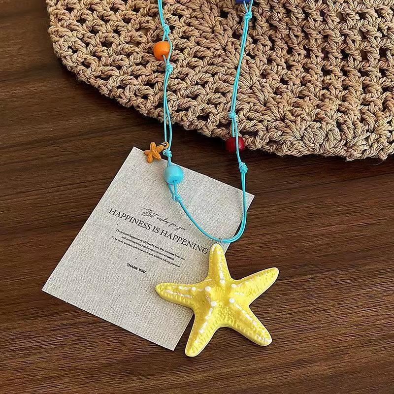 Long beaded starfish flower handwoven necklace women's seaside island vacation style versatile collarbone chain accessories