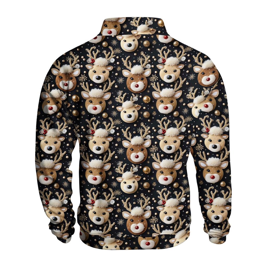 Herren Weihnachts-Print Langarm Knopfleiste Sweatshirt Top für Feiertagsparty und Freizeitkleidung