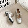 Bow Silver French Ballet Jane Women's Shoes Single Shoes Women's Thick Heels High Heels Versatile Temperament with Skirt Small Leather Shoes