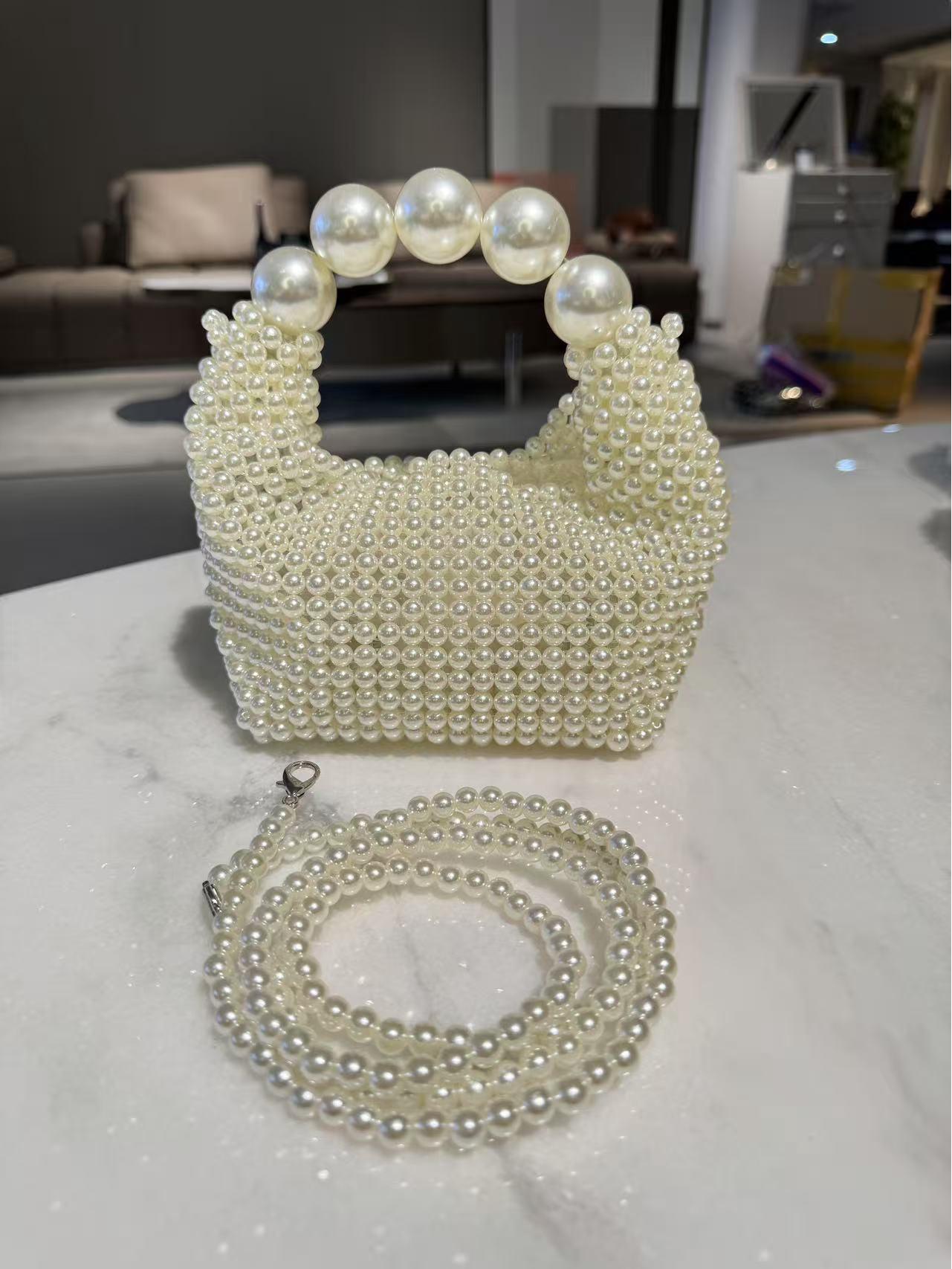 

Винтажная французская вечерняя сумка с жемчугом ручной работы - Большая вместительная сумка через плечо белый