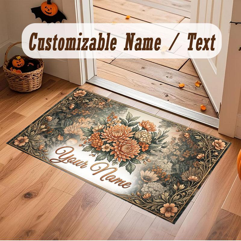 Floral Garden Theme Crystal Velvet Floor Rug Personalized Custom Name Text Warm Carpet Home Decoration