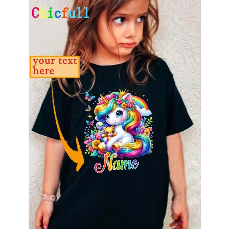 

Custom Style DZTX32025 WML Girls NAME Personalized Name Colorful Unicorn Pattern Print Cute Playful Versatile Casual Round Neck T-Shirt 100