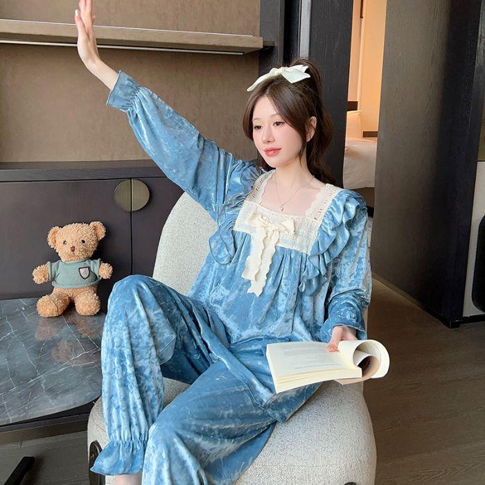 Spring and Autumn Pajamas Women's Gold Velvet Long Sleeve Pajamas Set Palace Diamond Velvet French Sweet Ladies Home Clothes