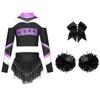 Dziewczęcy Zestaw Cheerleadingowy Odkryte Ramiona Długi Rękaw Otwór na Plecach Blok Kolorów Nadruk Literowy Krótki Top Cyrkonie Spódniczka Opaska z Kokardą Pompony